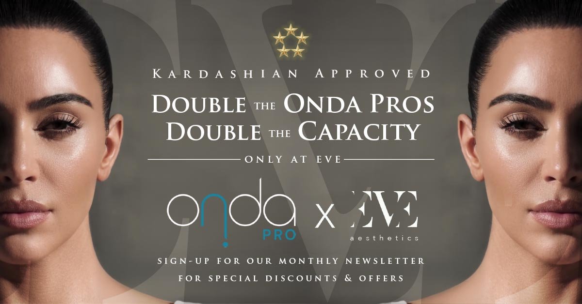 Promotional banner featuring a mirrored woman’s face with centered text about the Onda Pro x Eve aesthetics collaboration and newsletter signup (Kardashian Approved).