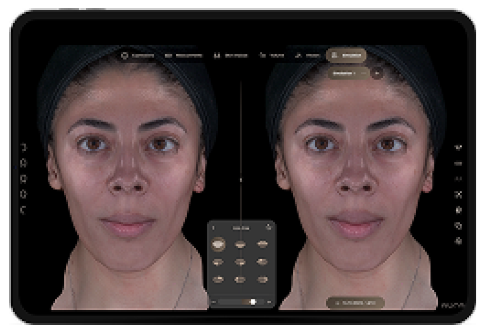 Side-by-side portraits showing a before-and-after retouching comparison with an on-screen editing panel in the center and dark background UI.