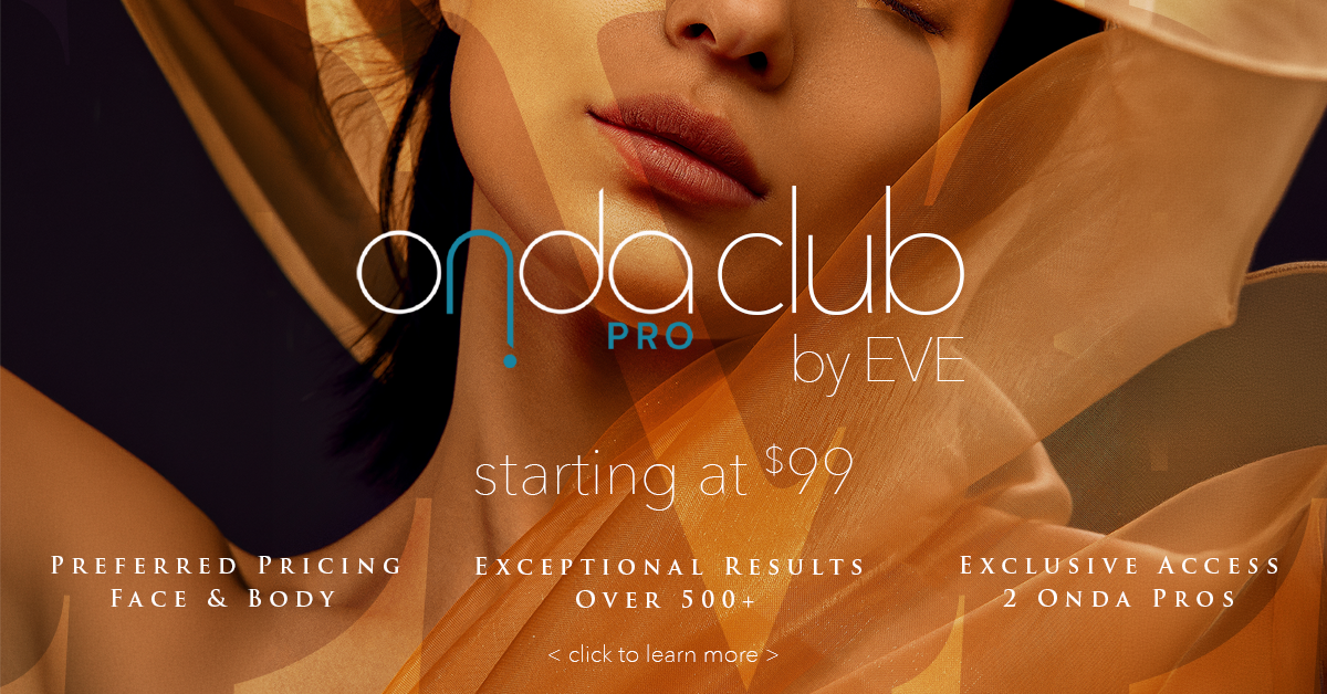 OnDaClub Pro by Eve advertisement: close-up of a woman's face draped in orange fabric, starting at . (informative and concise)