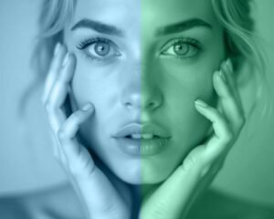 xerf-vs-ondapro – EVE Aesthetics Close-up of a woman's face with her hands on her cheeks, split blue-green color overlay on each side.