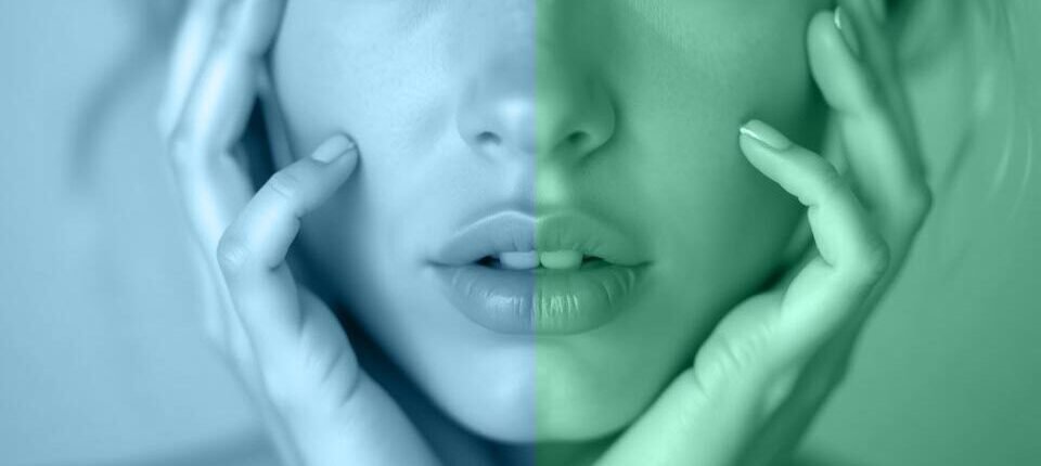 xerf-vs-ondapro – EVE Aesthetics Close-up of a woman's face with her hands on her cheeks, split blue-green color overlay on each side.