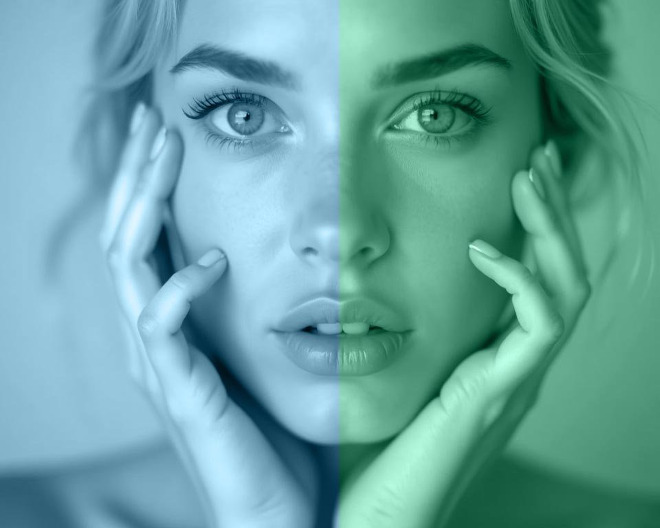 Close-up of a woman's face with her hands on her cheeks, split blue-green color overlay on each side.