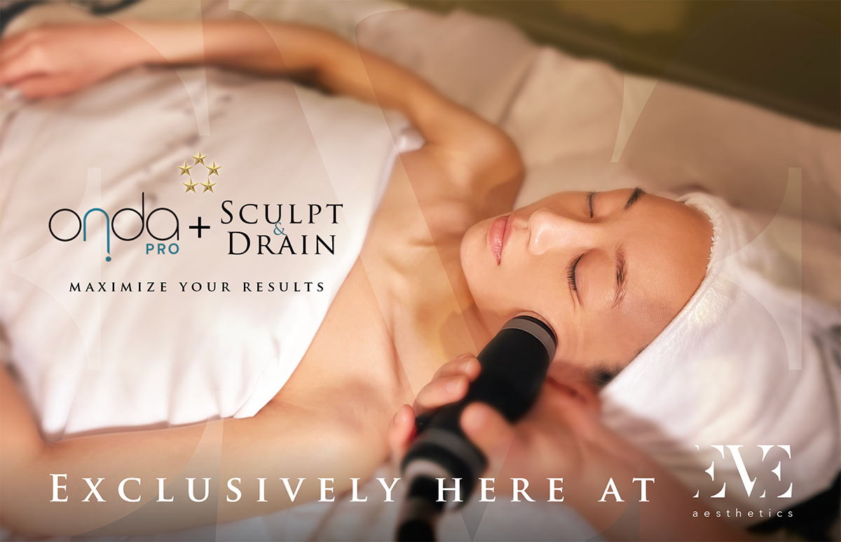 Woman receiving a facial treatment with a handheld device in a spa setting; branding for Onda Pro and Sculpt & Drain.