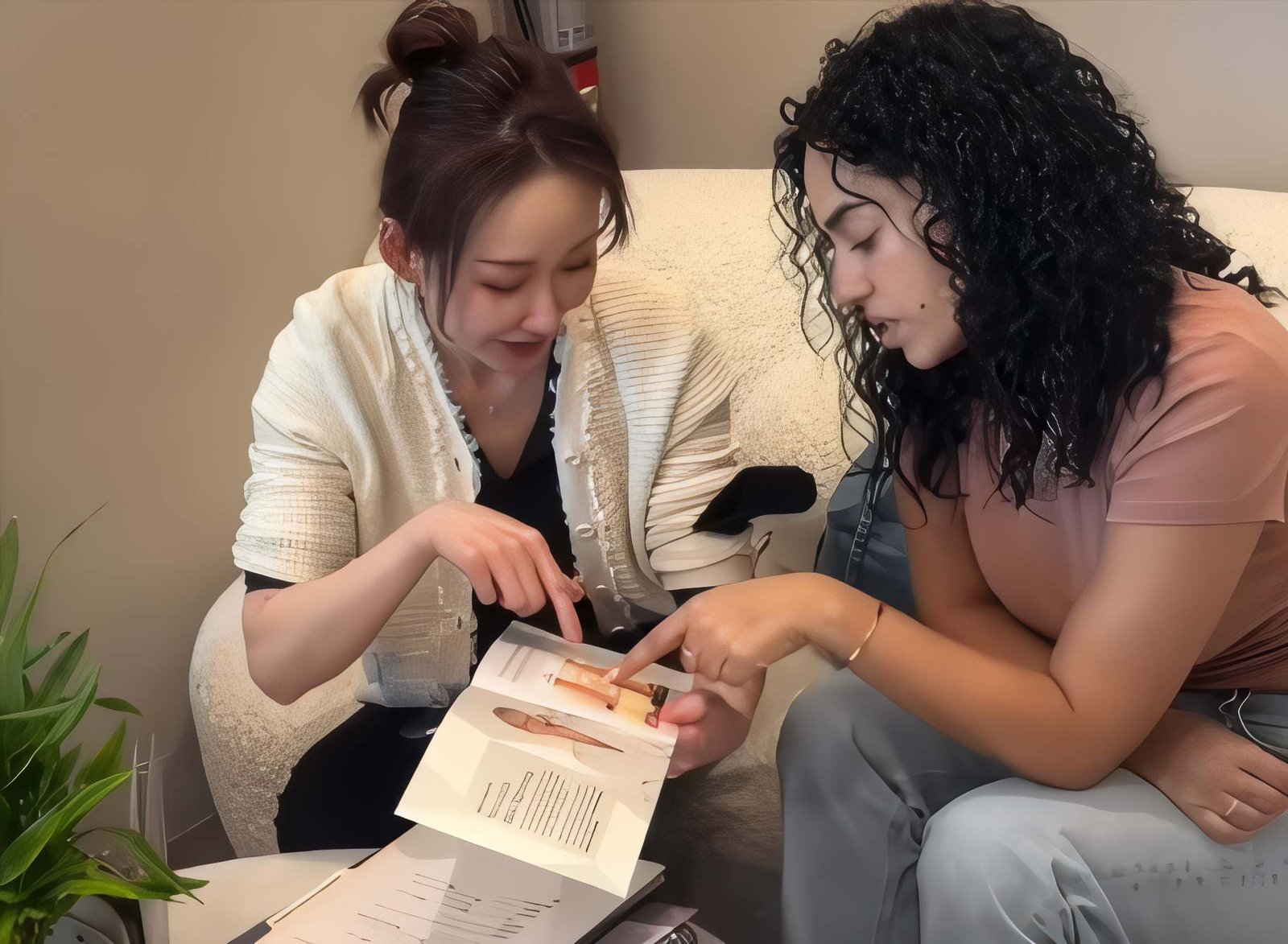 Two women sit on a beige couch, closely examining a stack of brochures and pointing at a page together.